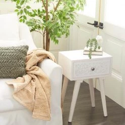 13 in. White Intricately Carved Scroll Single Drawer Large Rectangle Wood End Accent Table by Litton Lane -Outlet Litton Lane Store white litton lane end side tables 31891 31 1000