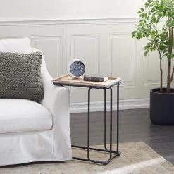 13 in. White Rectangle Wood Beaded C-Style End Table with Black Metal Base by Litton Lane -Outlet Litton Lane Store white litton lane end side tables 43394 31 1000