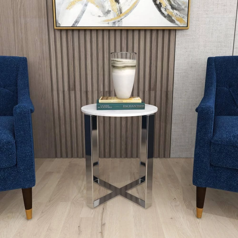 18 in. White Round Marble End Table by Litton Lane 9 18 in. White Round Marble End Table by Litton Lane - Image 7